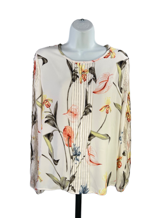 White House Black Market Women's White Floral Lace Detail Long Sleeve Blouse - M
