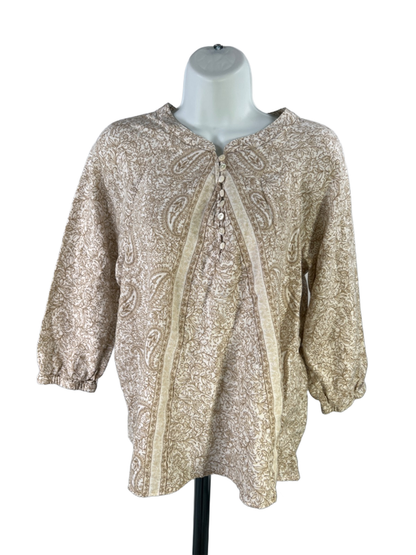 Pure Jill Women's White/Beige Floral Cotton Polo 3/4 Sleeve Blouse - S