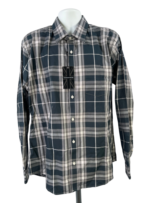Thomas Payne Men's Gray/Blue Plaid Long Sleever Button Up Shirt - 2XL