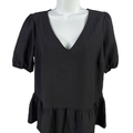 Nine West Women's Black V-Neck Short Sleeve Textured Peplum Blouse - M