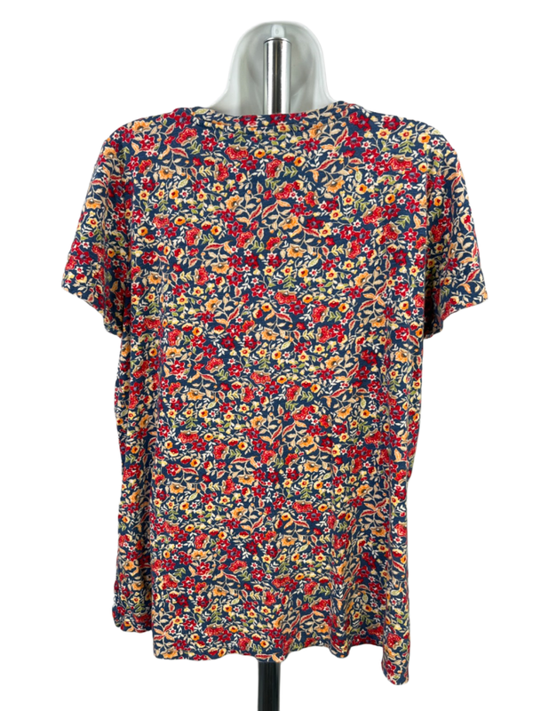 J.Jill Women's Blue/Red Floral Short Sleeve V-Neck T-Shirt - L image 2