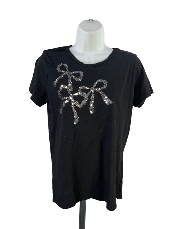 J Crew Women's Black Collector Sequin Bow Detail Short Sleeve Tee Shirt - M
