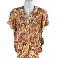Democracy Women's Orange/Brown Floral Button Up Short Sleeve Blouse - Petite L