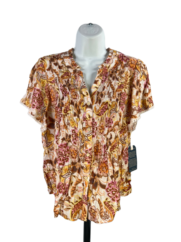 Democracy Women's Orange/Brown Floral Button Up Short Sleeve Blouse - Petite L