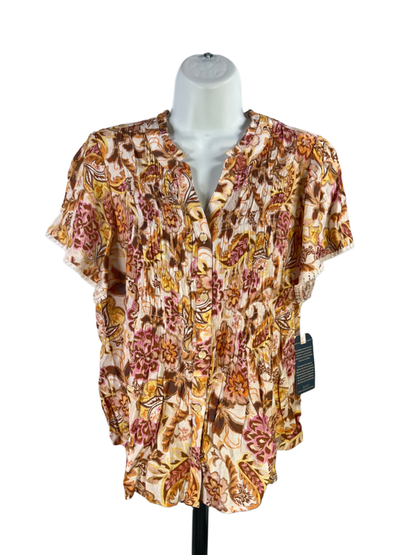 Democracy Women's Orange/Brown Floral Button Up Short Sleeve Blouse - Petite L