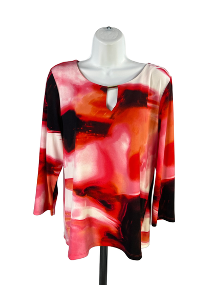 Calvin Klein Women's Red 3/4 Sleeve Keyhole Front Blouse - L