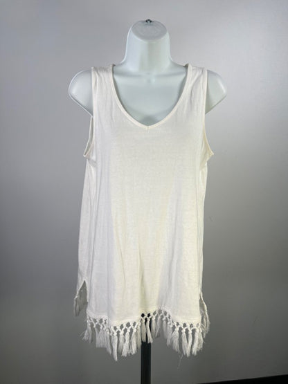 J Jill Women's White V Neck Fringe Tassle Trim Sleeveless Shirt - S