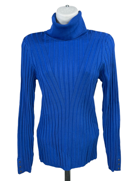 White House Black Market Women's Blue Ribbed Long Sleeve Turtleneck Sweater - M