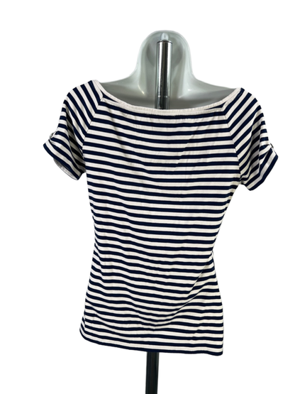 White House Black Market Women's Blue/White Striped Short Sleeve Shirt - S image 2