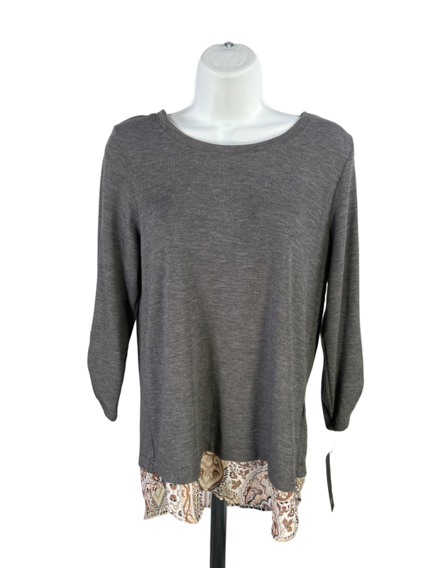 AB Studio Women's Gray 3/4 Sleeve Paisley Trim Blouse - S