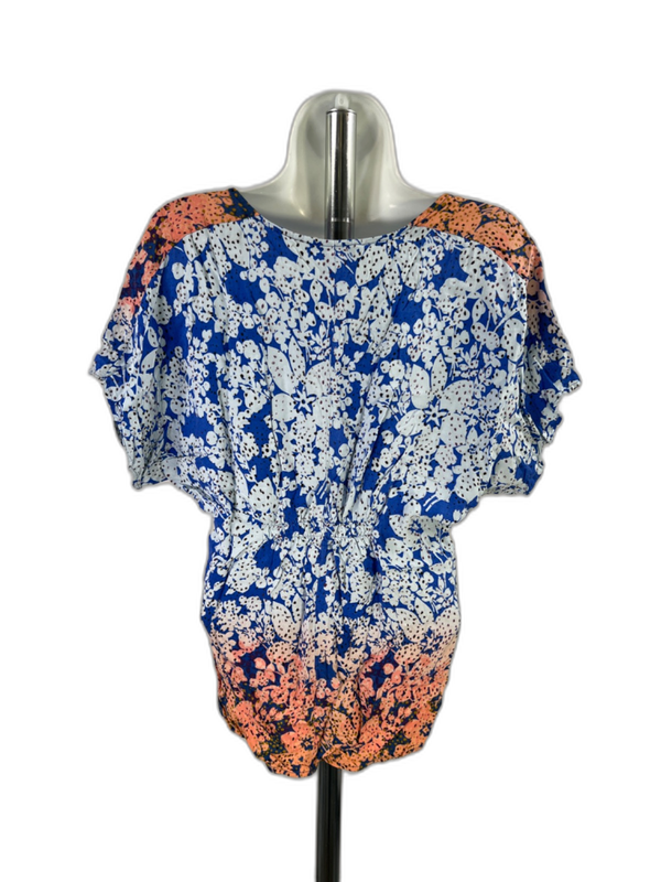 Cabi Women's Blue/Orange V Neck Tie Front Short Sleeve Blouse - S image 2