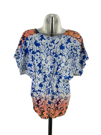 Cabi Women's Blue/Orange V Neck Tie Front Short Sleeve Blouse - S image 2
