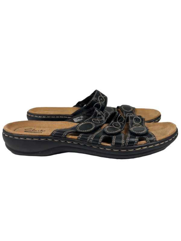 Clarks Collection Women's Black Leather Leisa Cacti Q Hook And Loop Sandals - 9