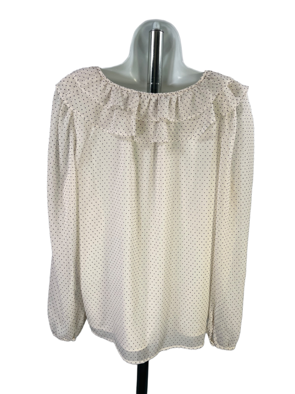 LOFT Women's White/Ivory/Black Sheer Sleeve Ruffle Trim V-Neck Blouse - M image 2