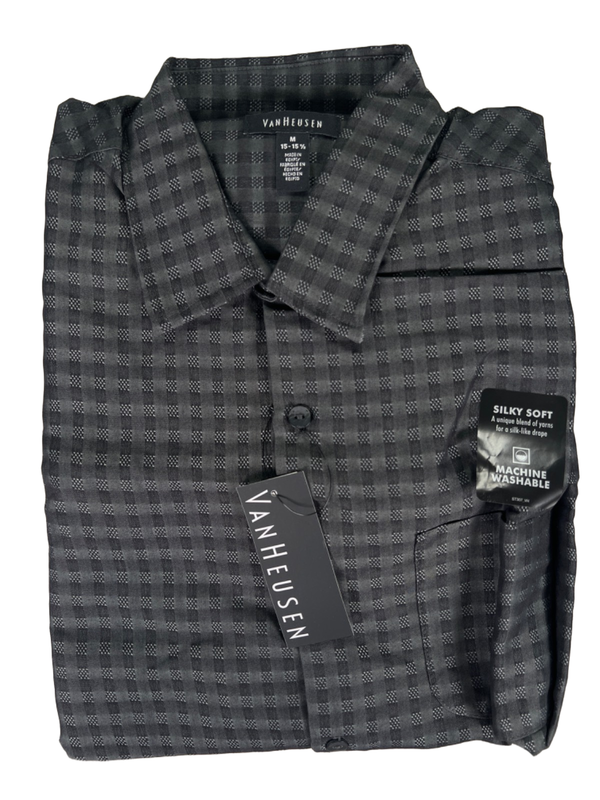 Van Heusen Men's Gray Plaid Short Sleeve Button Up Shirt - M