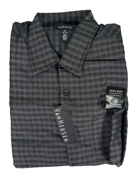 Van Heusen Men's Gray Plaid Short Sleeve Button Up Shirt - M