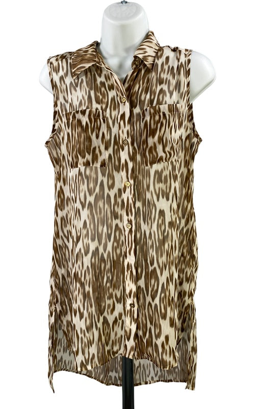 Chico’s Women’s Brown/White Sleeveless Sheer Button Up Hi-Low Blouse - 0/US S image 2
