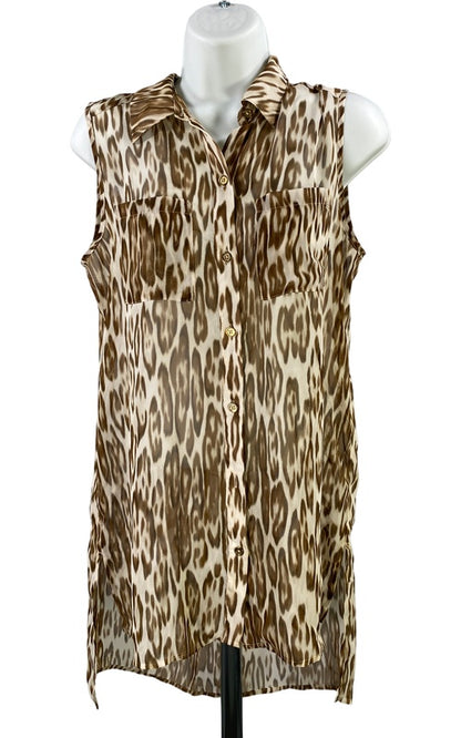 Chico’s Women’s Brown/White Sleeveless Sheer Button Up Hi-Low Blouse - 0/US S image 2