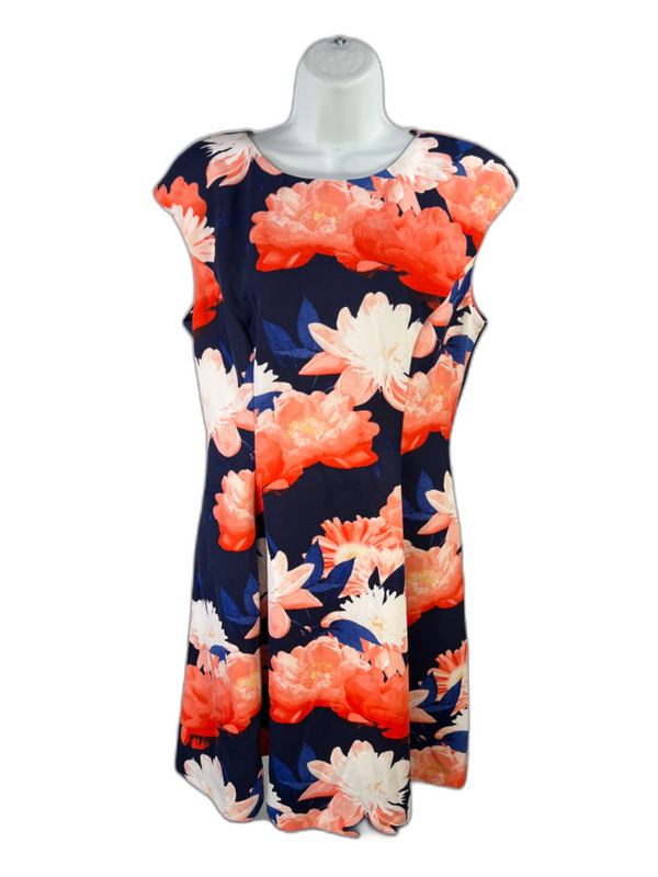 Vince Camuto Women's Blue/Coral Floral Sleeveless Midi Shift Dress - 12