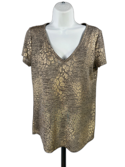 White House Black Market Women's Gray/Gold Metallic Semi-Sheer T-Shirt - S
