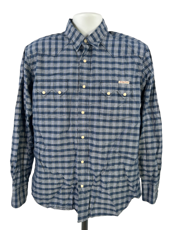 Lucky Brand Men's Blue Plaid Snap Button Up Long Sleeve Shirt - L