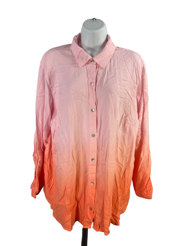 J Jill Women's Pink/Orange Linen Blend Long Sleeve Button Up Shirt - 2X Plus