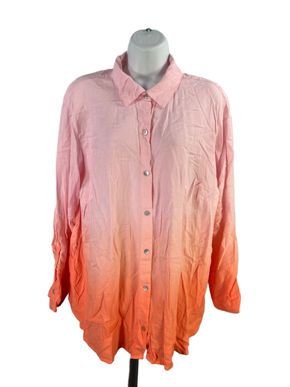 J Jill Women's Pink/Orange Linen Blend Long Sleeve Button Up Shirt - 2X Plus