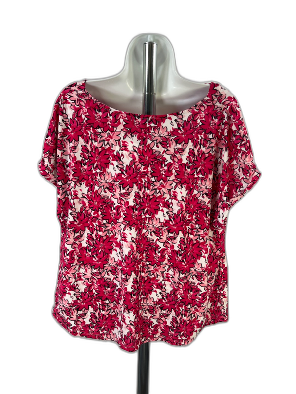 Adrienne Vittadini Women's Pink Floral Cap Sleeve Draped Neck Blouse - L image 2