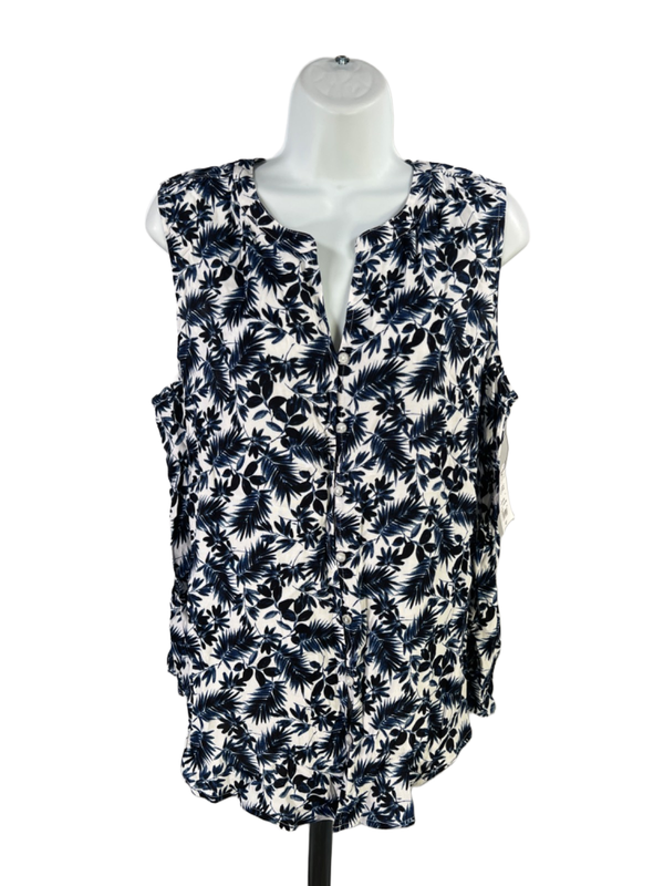 Liz Claiborne Women's White/Blue Tropical Palm Sleeveless Button Up Blouse - L