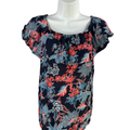 J Jill Women's Blue/Red Linen Floral Layered Flutter Sleeve Blouse - XS