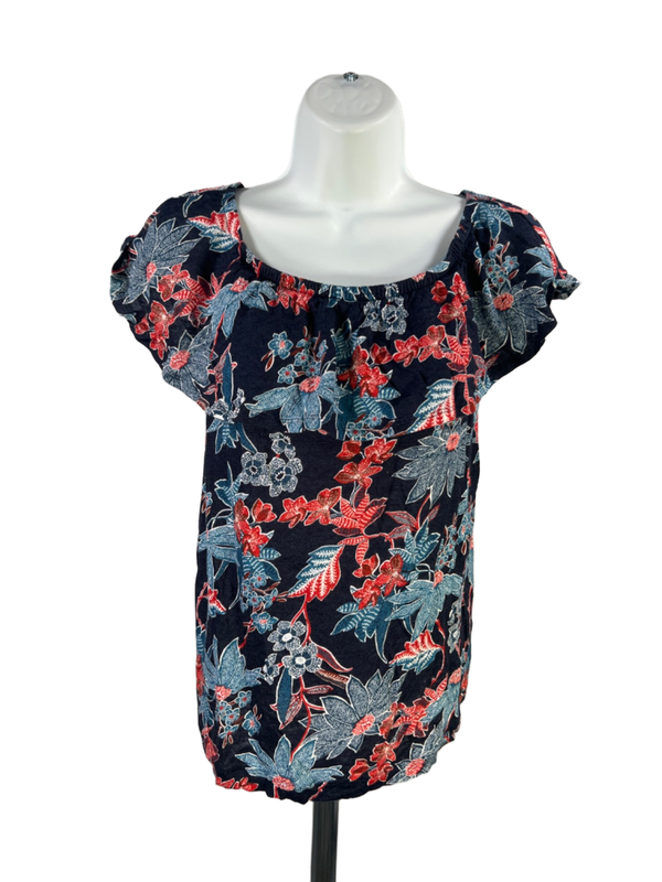 J Jill Women's Blue/Red Linen Floral Layered Flutter Sleeve Blouse - XS