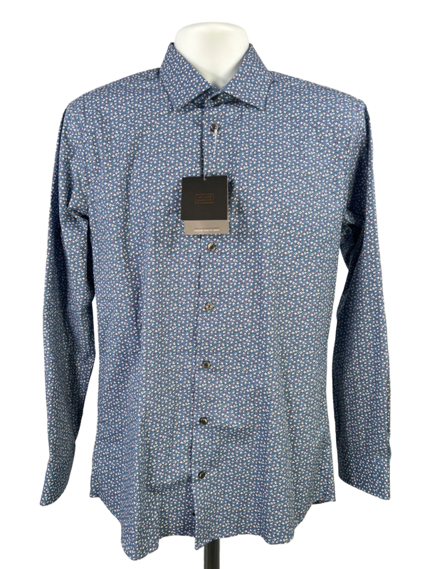 14th & Union Men's Blue Floral Stretch Trim Fit Long Sleeve Button Up Shirt - M