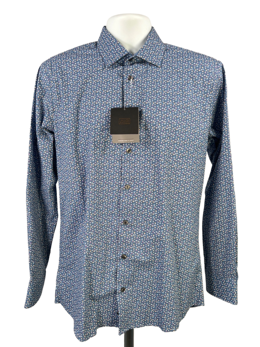 14th & Union Men's Blue Floral Stretch Trim Fit Long Sleeve Button Up Shirt - M