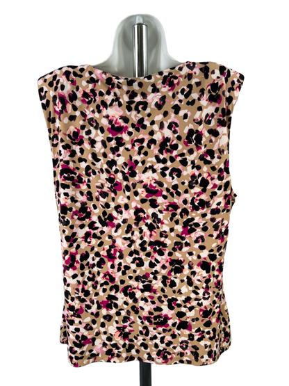 DKNY Women's Brown/Pink Leopard Print Shoulder Padded Sleeveless Blouse - XL image 2