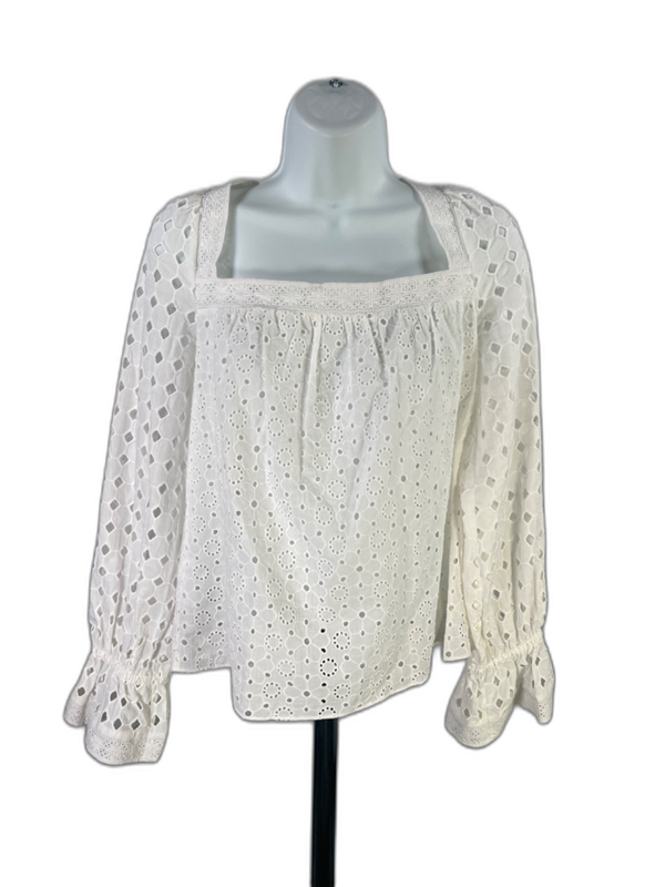 BCBGMaxazria Women's White Eyelet Sheer Long Sleeve Blouse - S