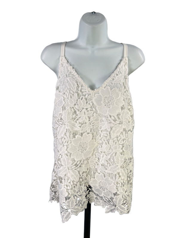 White House Black Market Women's White Crochet Lined V-Neck Tank Top - M