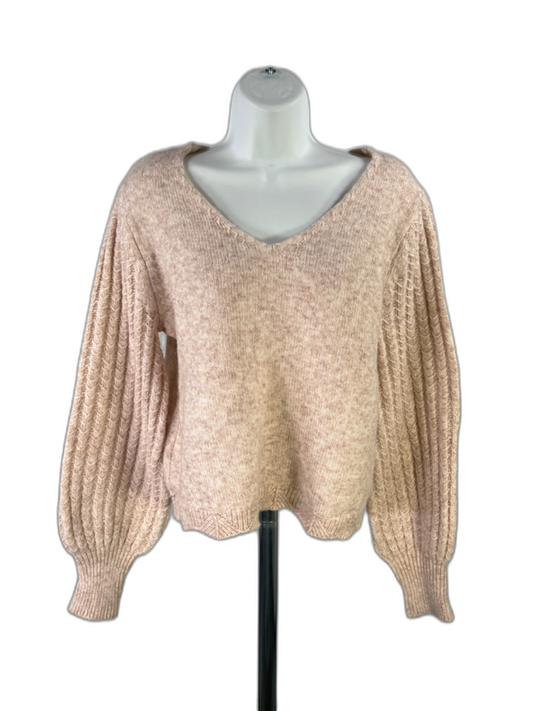 Frye Women's Beige Cable Knit V Neck Balloon Long Sleeve Sweater - M