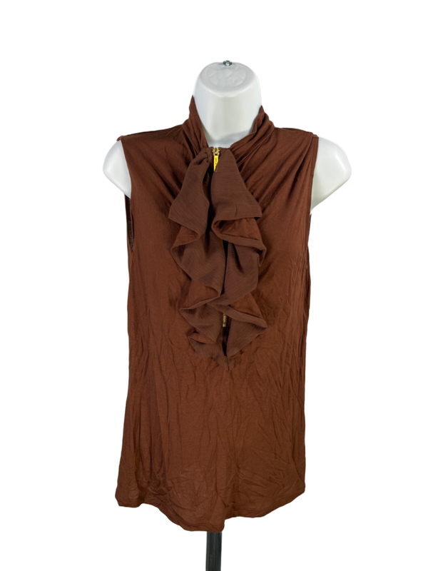 Michael Kors Women's Brown Quarter Zip Ruffle Front Sleeveless Shirt - L
