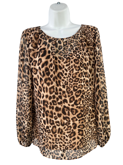 White House Black Market Women's Brown Leopard Print Sheer Sleeve Blouse - 4