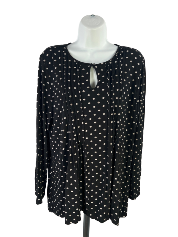 J Jill Women's Black/White Wearever Floral Keyhole Front Long Sleeve Blouse - L