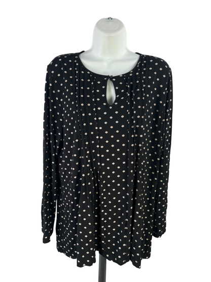 J Jill Women's Black/White Wearever Floral Keyhole Front Long Sleeve Blouse - L