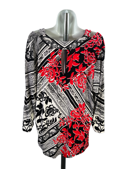Chico's Women's Black/Red Paisley Cold Shoulder 3/4 Sleeve Blouse - 3/US XL image 2