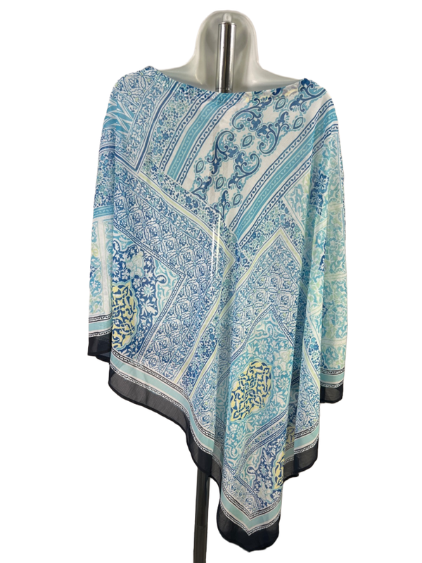 Chico's Women's Blue Coastal Tile Asymmetrical Hem Pullover Poncho - L/XL image 2