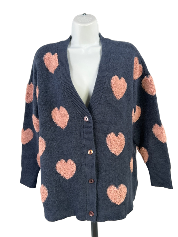 Coldwater Creek Women's Blue/Pink Heart Long Sleeve Cardigan Sweater - Petite L