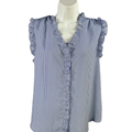 Tahari Women's White/Blue Stripe Ruffle Trim Button Up Blouse - M