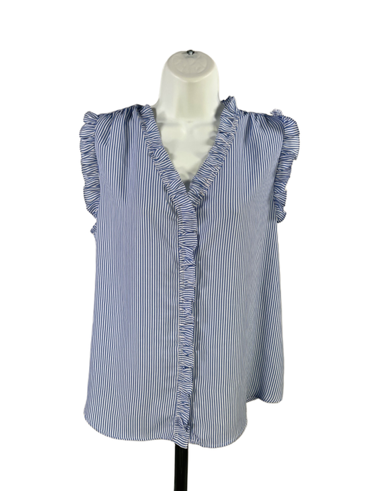 Tahari Women's White/Blue Stripe Ruffle Trim Button Up Blouse - M
