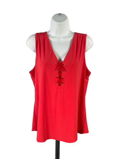 White House Black Market Women's Red/Coral Lace Up Sleeveless Blouse - L