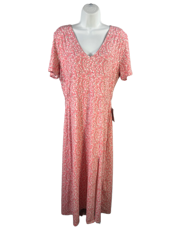 WAYF Women's Pink Floral Short Sleeve Side Slit Maxi Dress - XL
