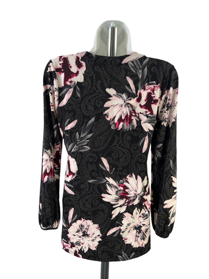White House Black Market Women's Black/Pink Floral Long Sleeve Blouse - XXS image 2