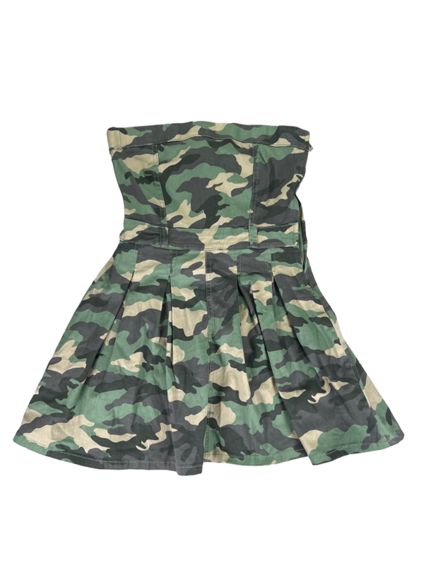 Forever 21 Women's Green Camoflauge Side Zip Strapless Pleated Mini Dress - S